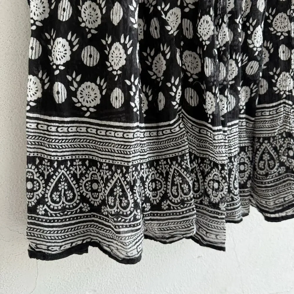 Vtg Midi Skirt Crinkle Cotton Black White‎ Block Print Bohemian Cottagecore OS
